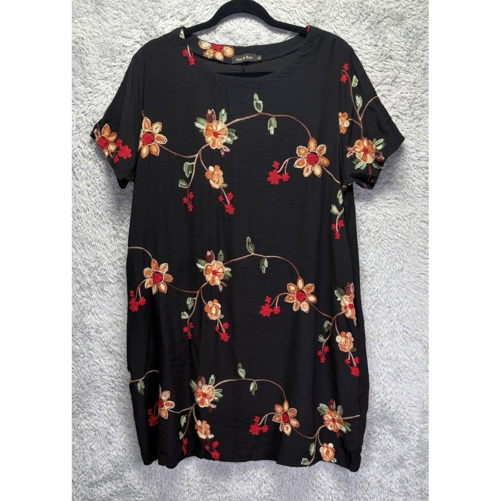 Ana & Rose Black Floral Embroidered Short Sleeve Shift Dress Womens Large L